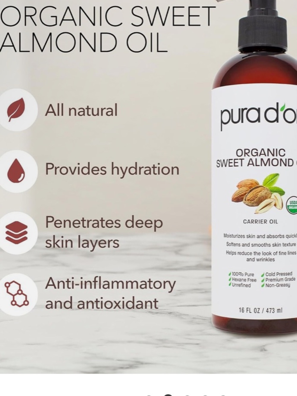 Purador Organic Sweet Almond Oil - with Pump 16 oz - Picture 4 of 6